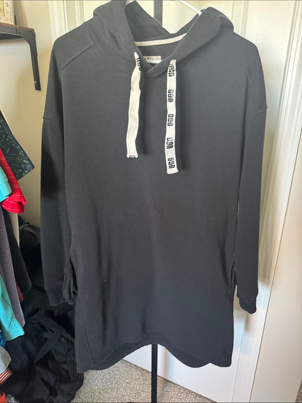UGG Black Crewneck Hoodie Dress with White Logo Drawstrings